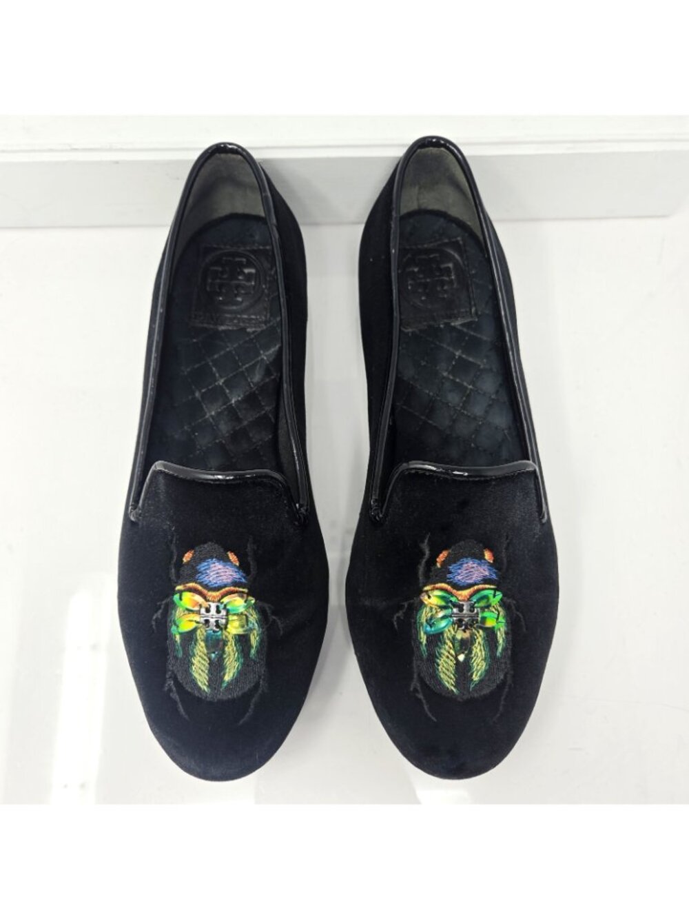 TORY BURCH Easton Black Velvet Slipper Loafer Flats embroidered beetle logo 7 M - Picture 5 of 10